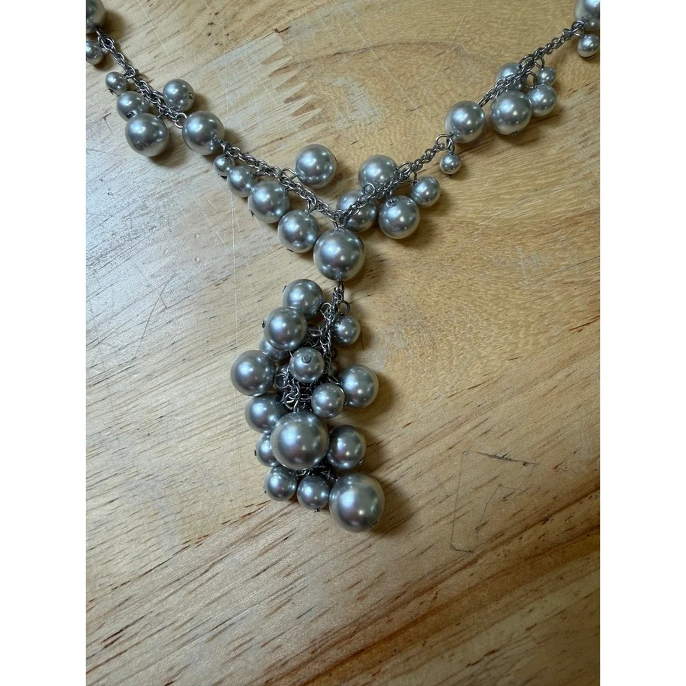 Pearlcore Mob Wife Glam Statement Y Lariat Cluster Faux Pearl Necklace Silver